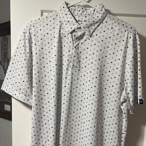 Mizzen & Main Polo Mens Large Trim Fit White Blue/Green Geometric Print